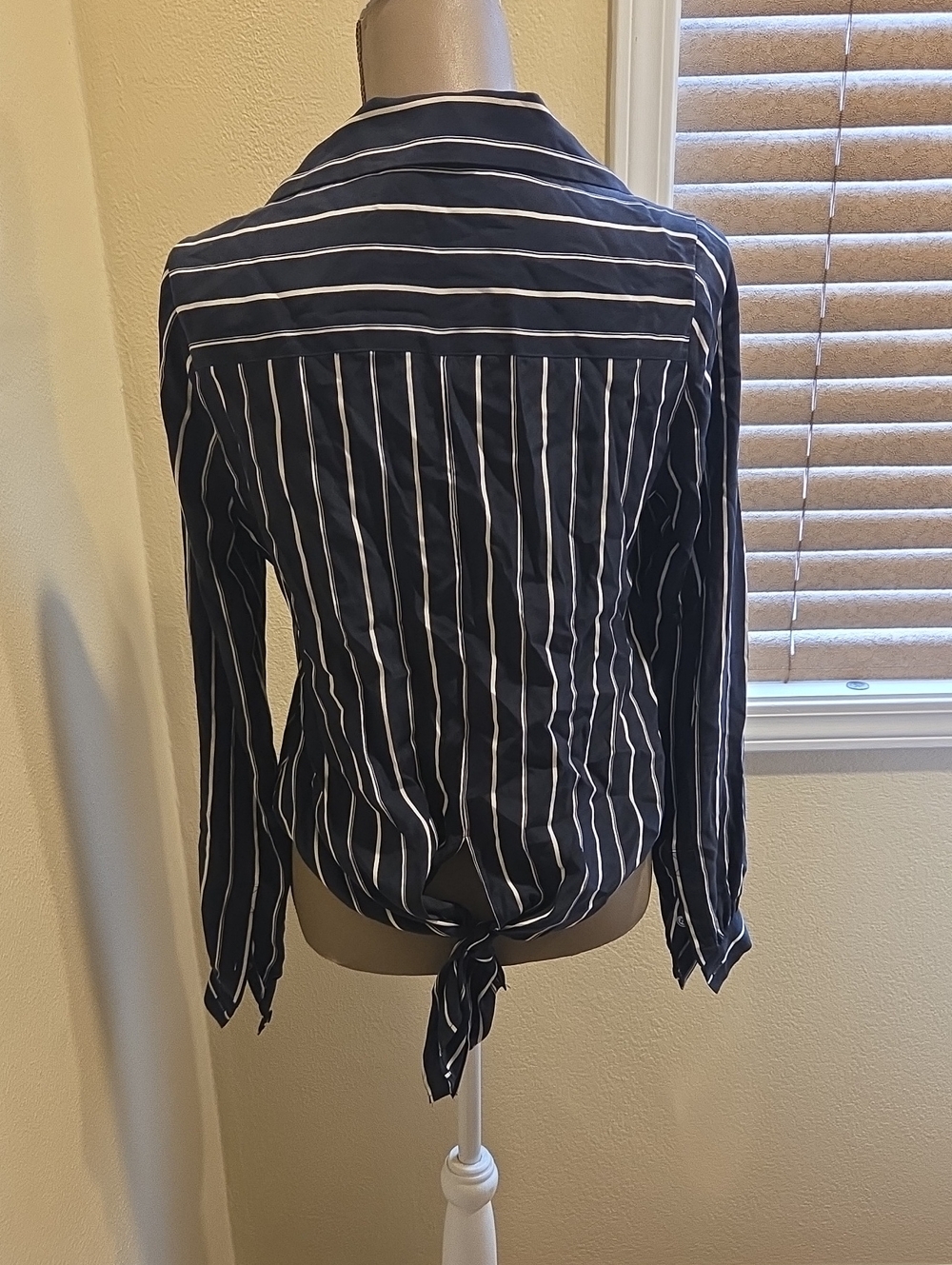 Striped Navy Tie-Back Button-Up Top - Women